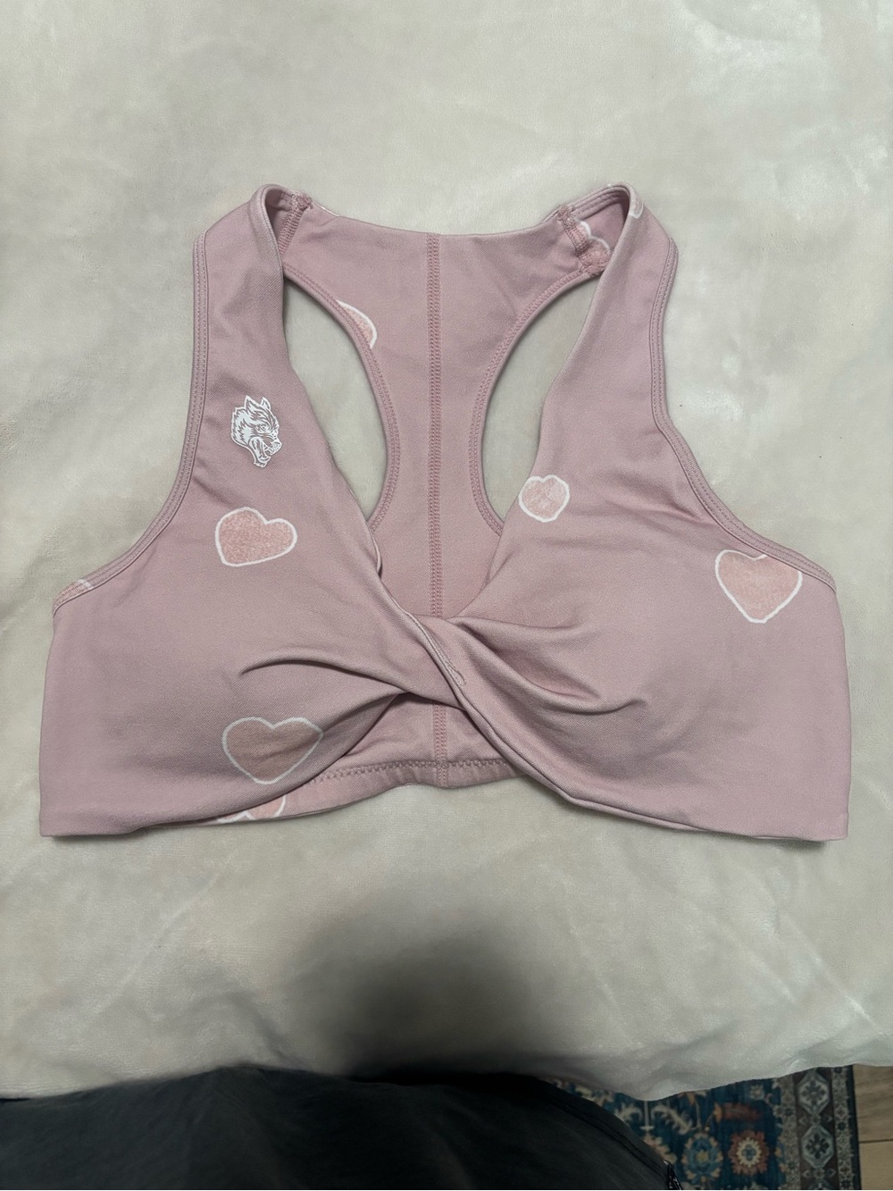 Darc Sport Dusty Rose Twist-Front Racerback Bralette with Heart Print